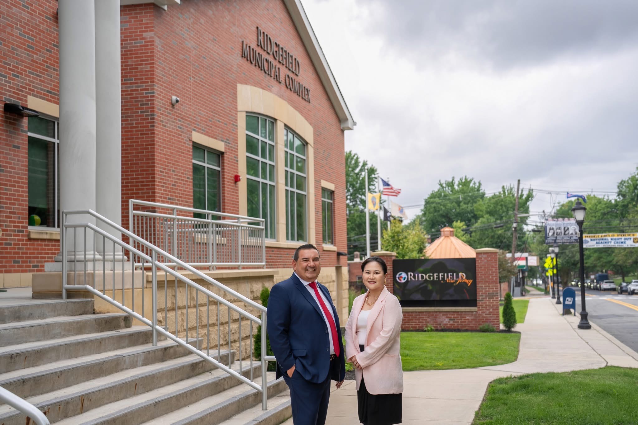 Council President Gino Ramundo and Councilwoman Sarah Kim outside the Ridgefield Municipal Complex