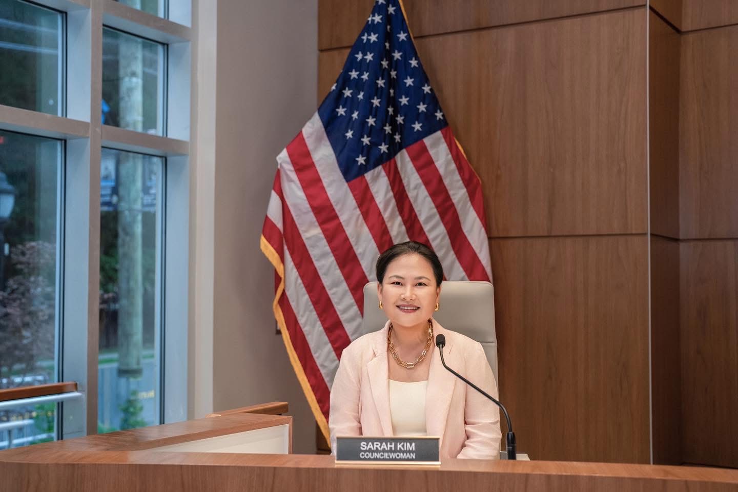 Councilwoman Sarah Kim seated at the Ridgefield council dais